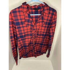 Brooks Brothers 346 Womens Dressy Plaid Button Up Ruffles Red Blue Size 10